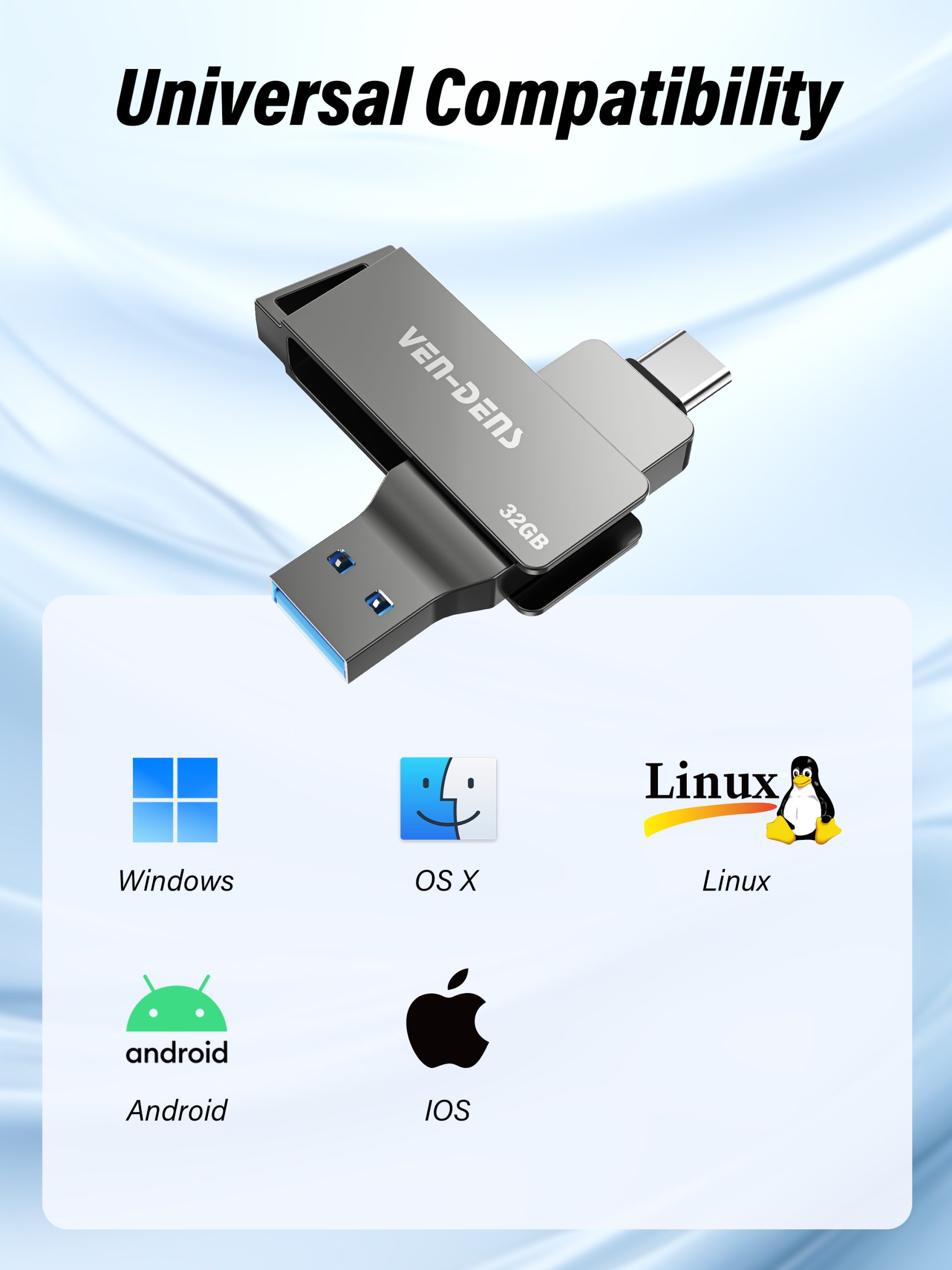 128G USB C ფლეშ დრაივი ორმაგი USB მბრუნავი USB ფლეშ დრაივი (A+C) პორტით, პორტატული 2-1-ში USB ფლეშ დრაივი