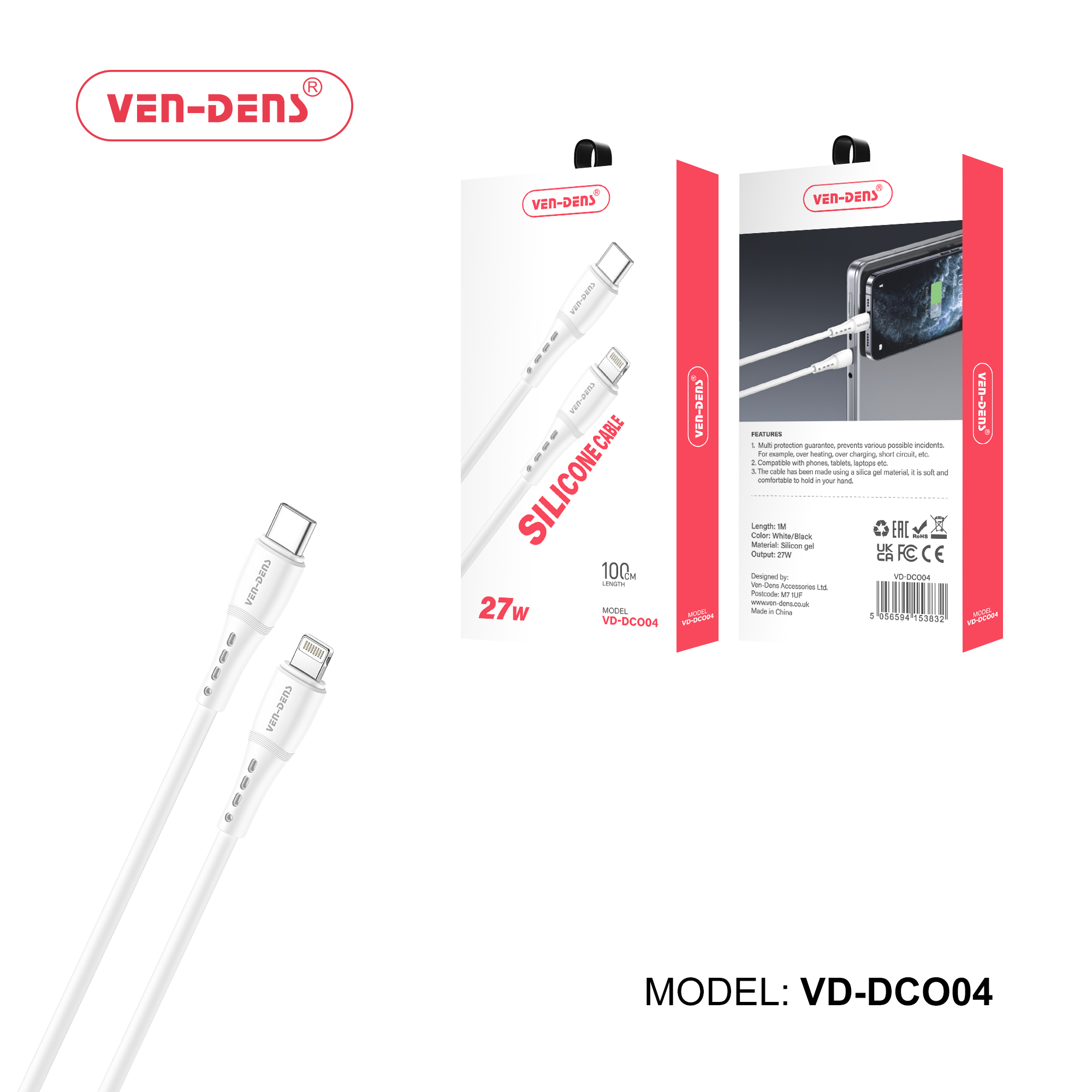 27W სილიკონის USB C-დან Lightning-ის დამტენი კაბელი