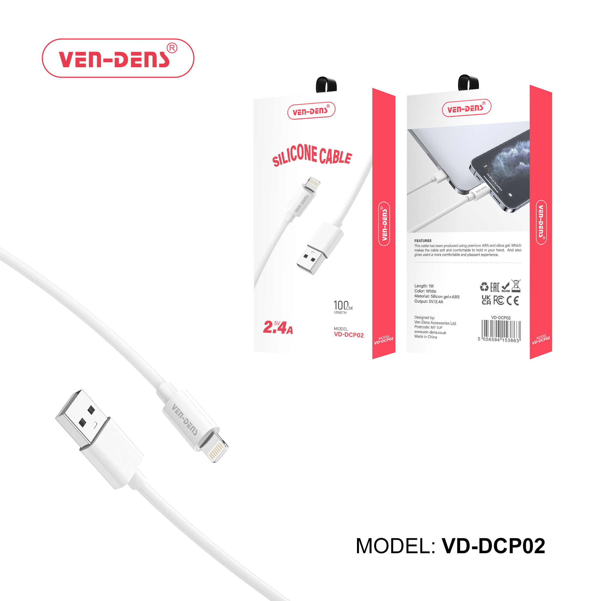 სილიკონის USB A-დან Lightning-მდე დამტენი კაბელი