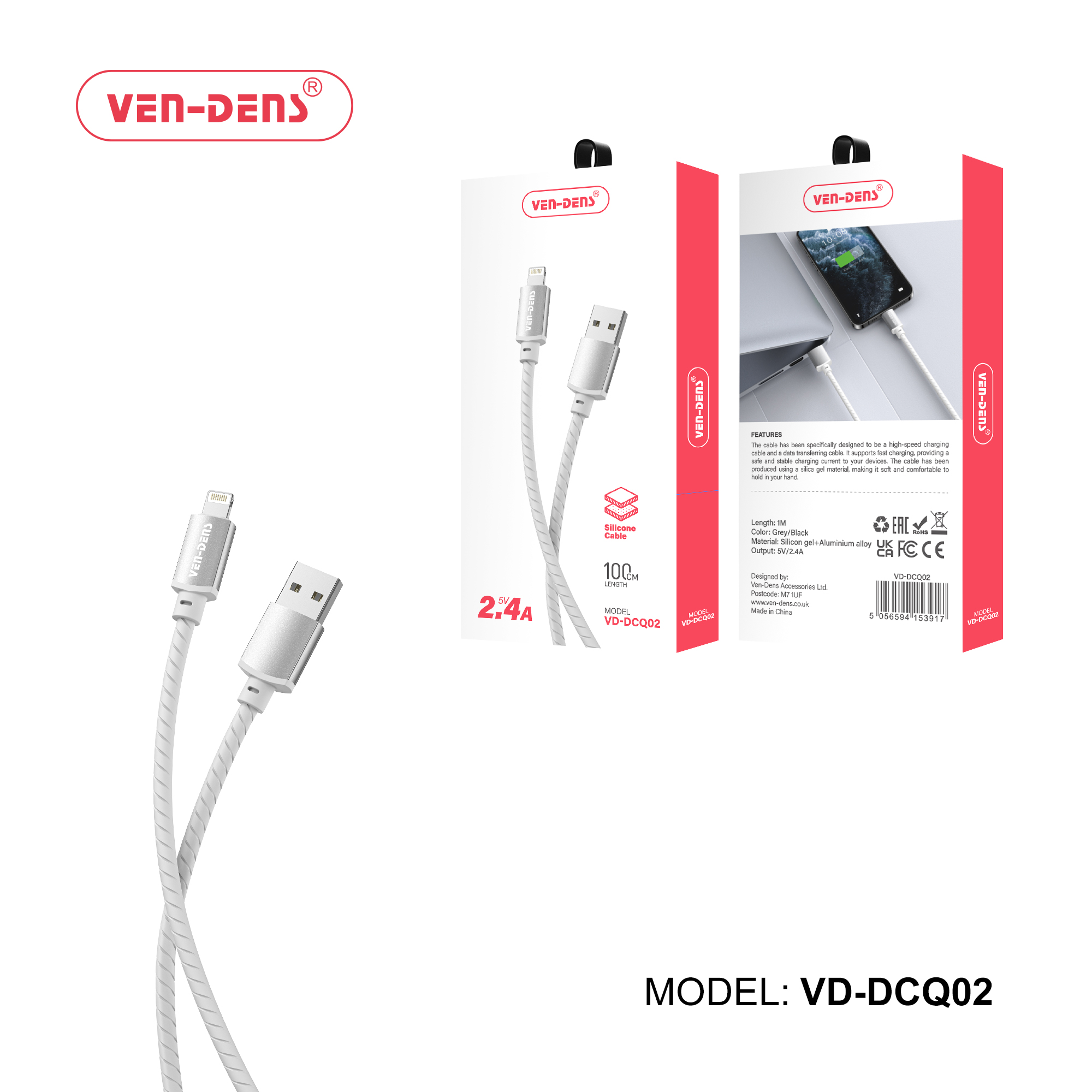2.4A 5V სილიკონის USB A-დან Lightning-ის დამტენი კაბელი
