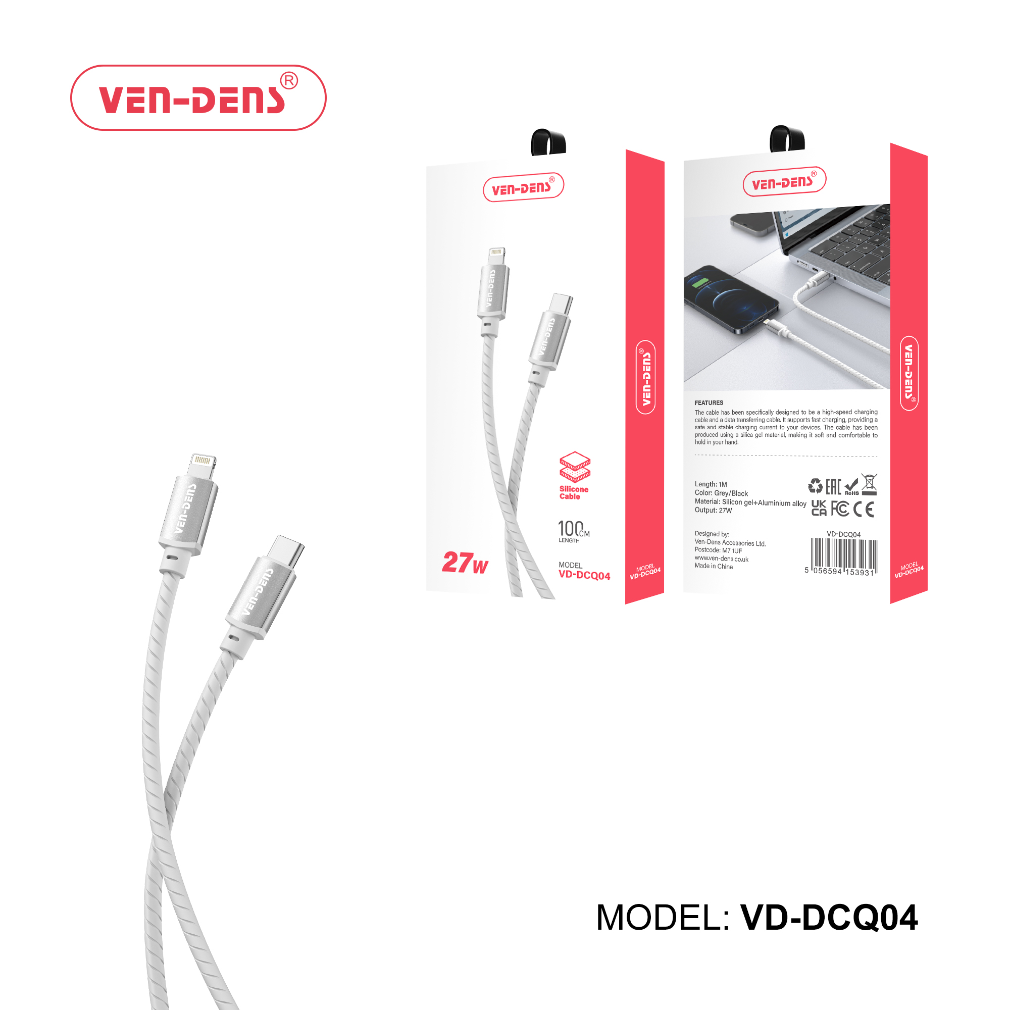 27W სილიკონის USB C-დან Lightning-ის დამტენი კაბელი