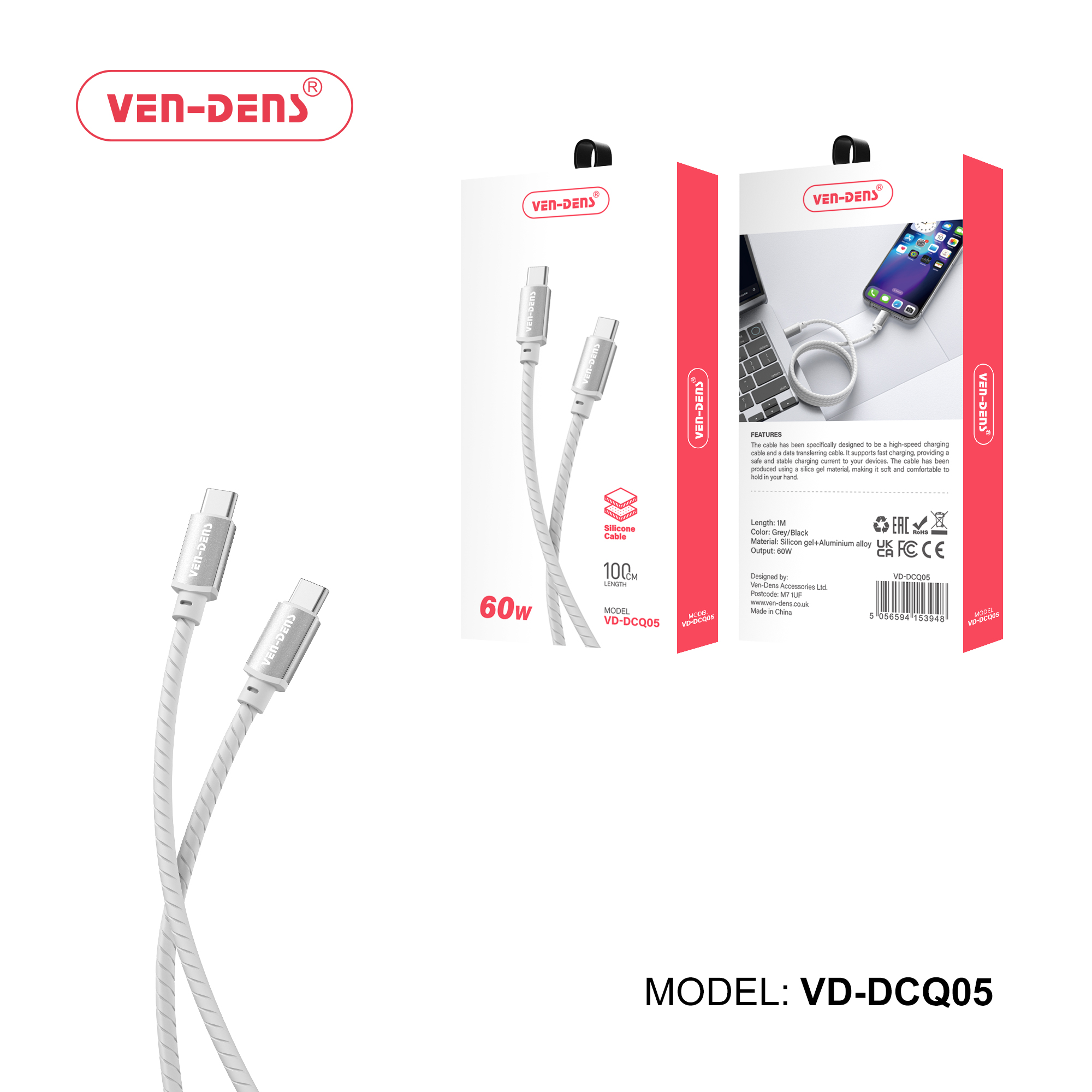 60W სილიკონის კაბელი USB C-დან C ტიპის კაბელში